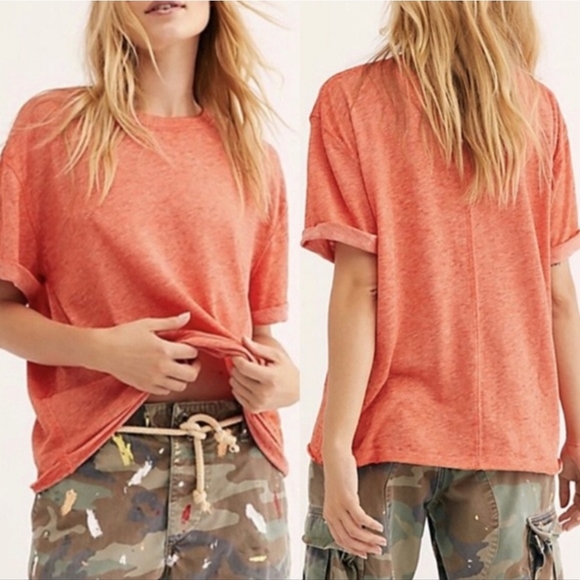 We The Free Tops - Free People Cassidy Orange Burnout Rolled Sleeve Boxy Fit Short Sleeve T-Shirt